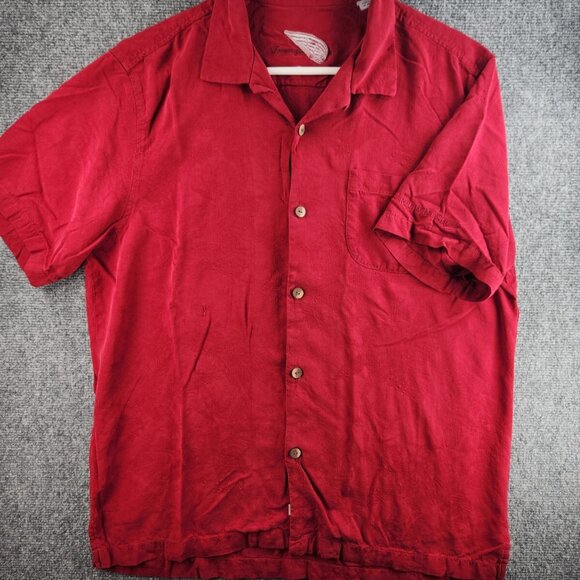 Tommy Bahama Red All Silk Floral Button Up Camp Shirt Large Pocket Hawaii - Picture 2 of 16